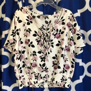 White floral lace up shirt